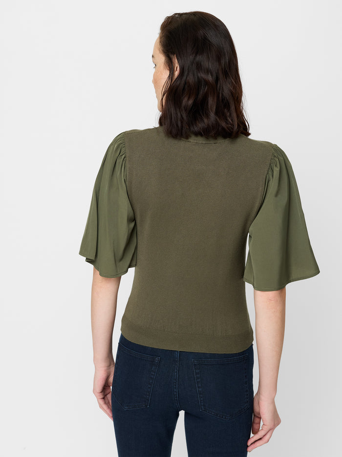 Krista Khaki Green Knit Flutter Sleeve Top
