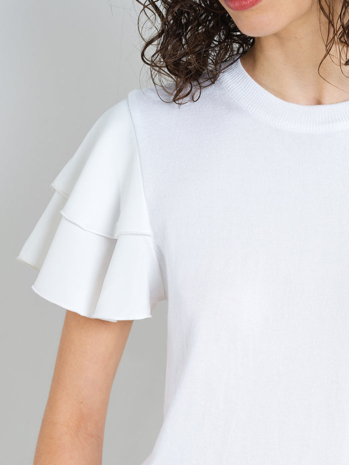 Krista Knit Mix Flutter Sleeve White Top