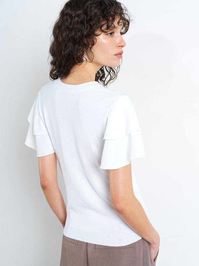 Krista Knit Mix Flutter Sleeve White Top