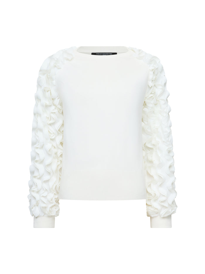 Krista Knit Mix Ruffled Sleeve White Jumper