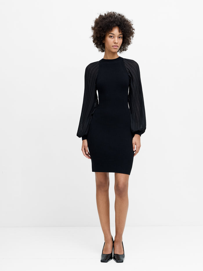 Krista Pleated Sleeve Black Knit Mini Dress