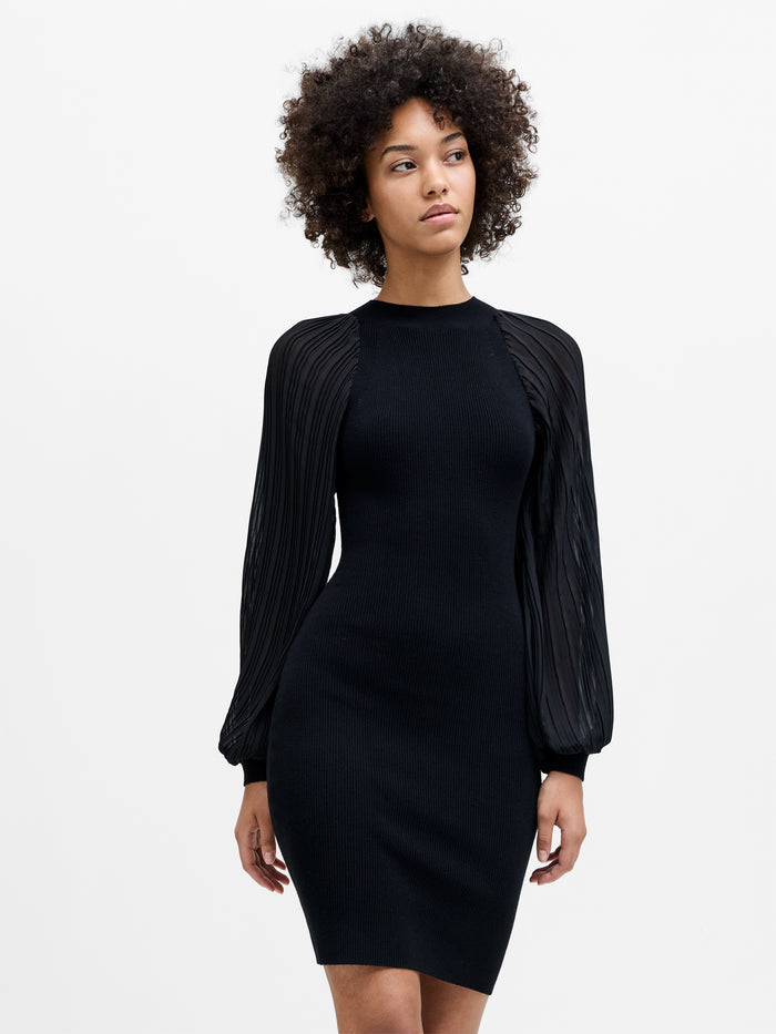 Krista Pleated Sleeve Black Knit Mini Dress