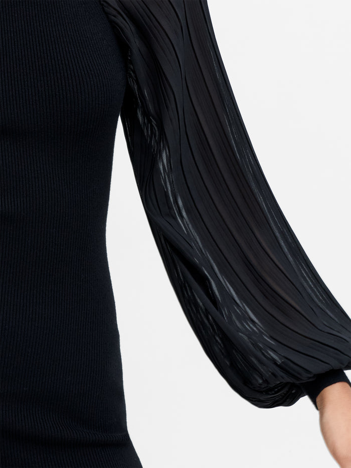 Krista Pleated Sleeve Black Knit Mini Dress