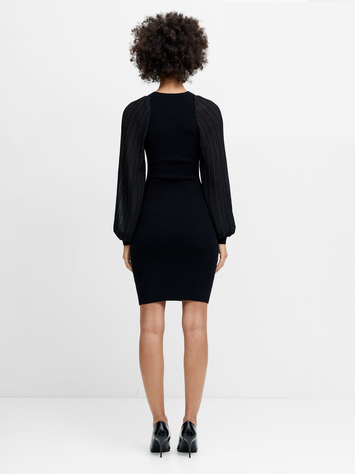 Krista Pleated Sleeve Black Knit Mini Dress