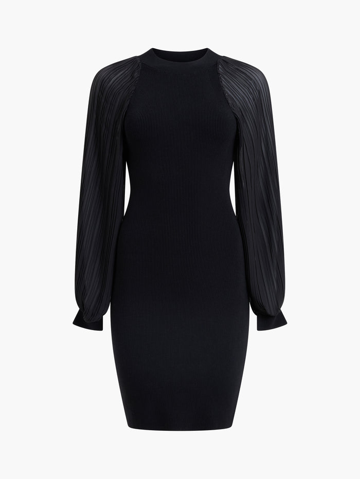 Krista Pleated Sleeve Black Knit Mini Dress