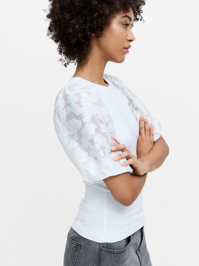 Krista White Sheer Jacquard Puff Sleeve Knit Top