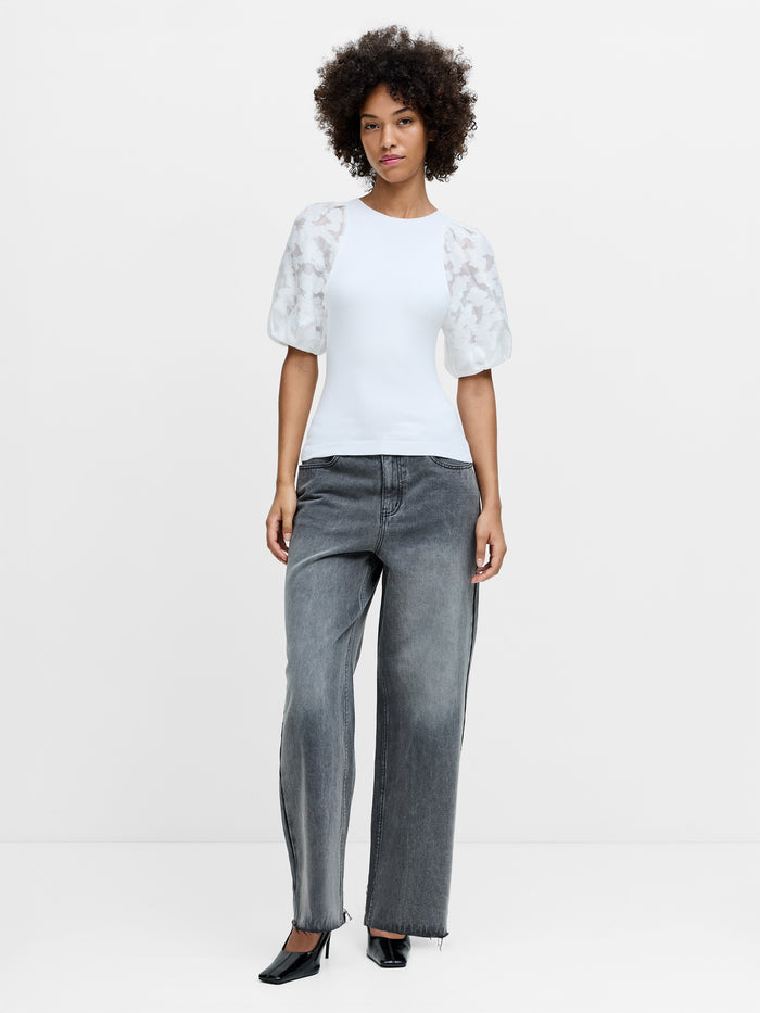 Krista White Sheer Jacquard Puff Sleeve Knit Top