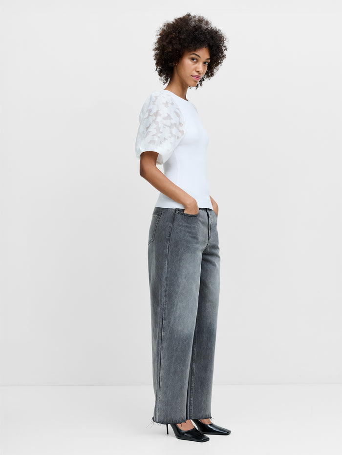 Krista White Sheer Jacquard Puff Sleeve Knit Top