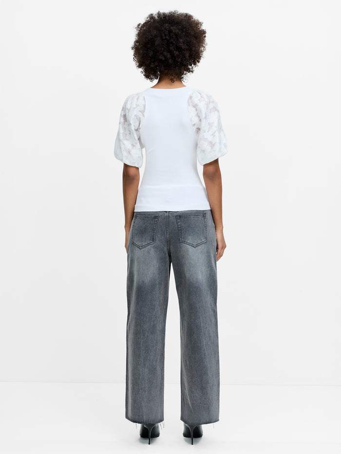 Krista White Sheer Jacquard Puff Sleeve Knit Top