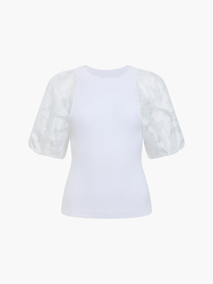 Krista White Sheer Jacquard Puff Sleeve Knit Top