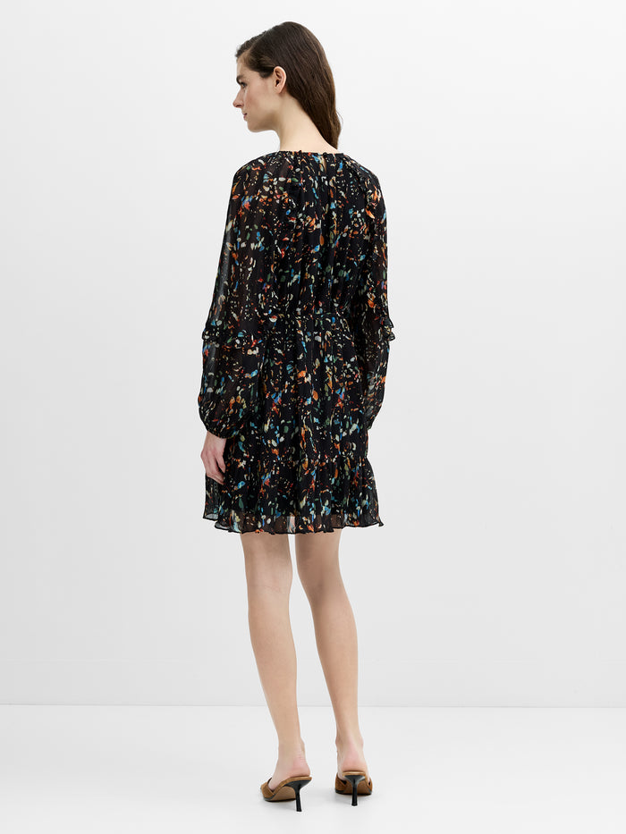 Kylie Black Abstract Printed Ruffle Mini Dress