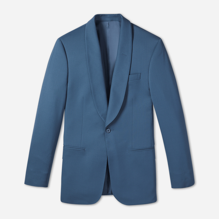 Lake blue shawl-lapel tuxedo jacket flat lay, single button and welt pockets