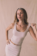 Editorial image of Chaser Brand Lander Light Heather Gray Tank paired with matching Rue Light Heather Gray Skort