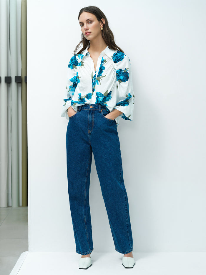 Lara Blue Floral Print Crinkle Raglan Sleeve Blouse