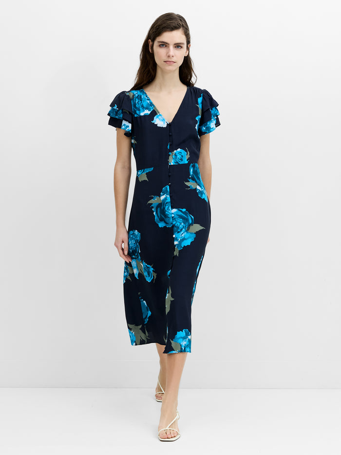 Lara Eco Blue Floral Button-Through Midi Tea Dress