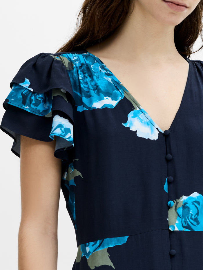 Lara Eco Blue Floral Button-Through Midi Tea Dress