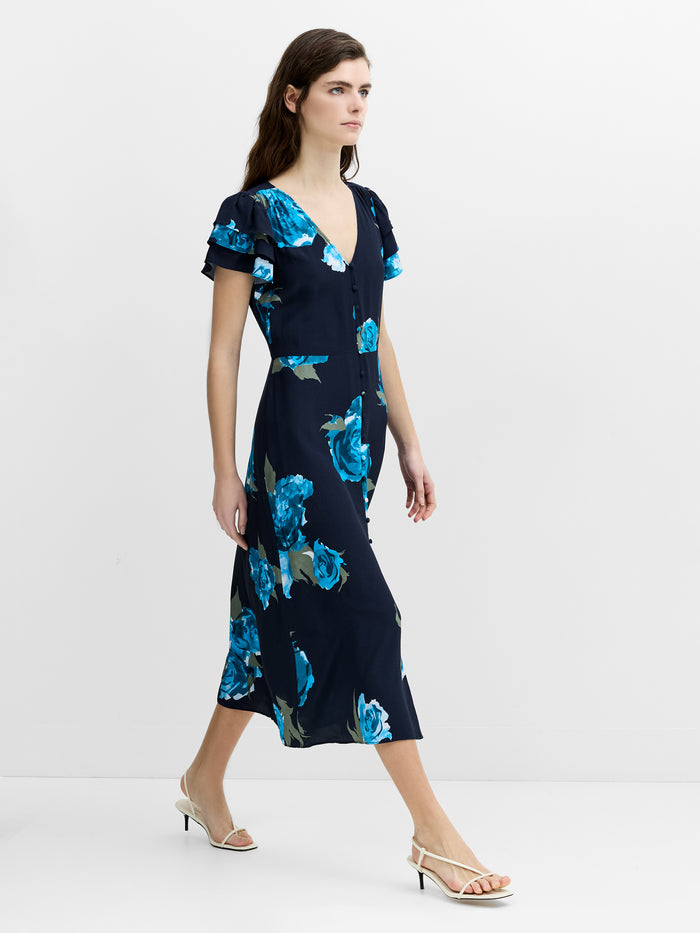 Lara Eco Blue Floral Button-Through Midi Tea Dress