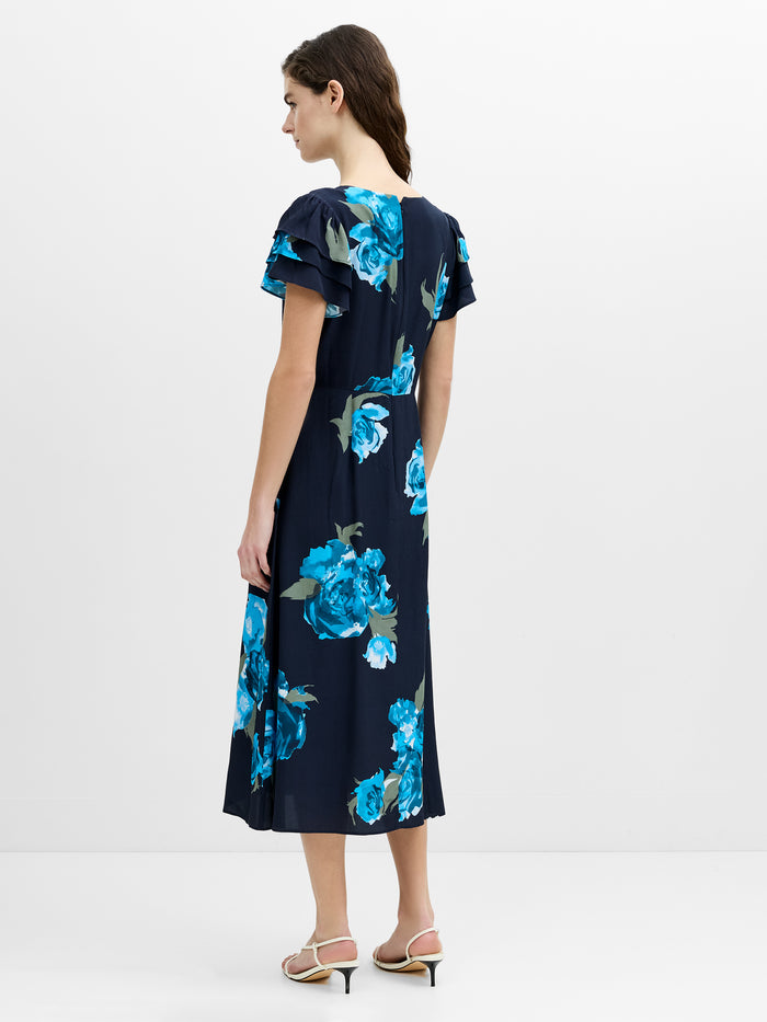 Lara Eco Blue Floral Button-Through Midi Tea Dress