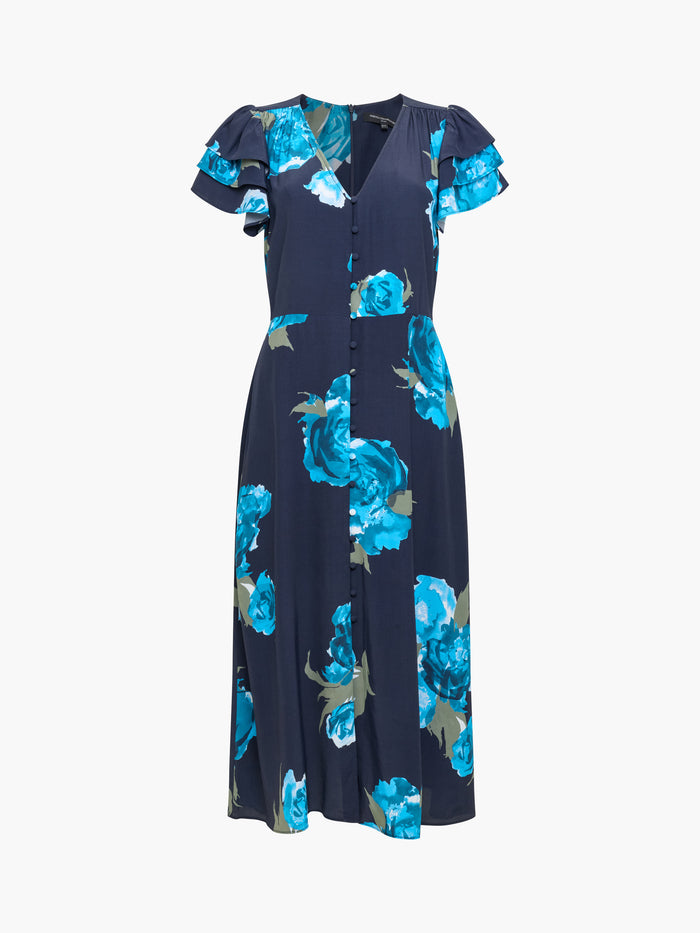 Lara Eco Blue Floral Button-Through Midi Tea Dress