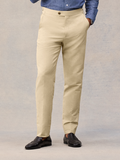 Harvest tan suit pant on model, cropped waist to hem, tab waistband and tapered leg