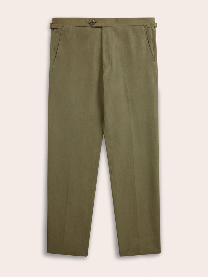 Vintage olive suit pant laid flat, front view with side tabs and pressed crease