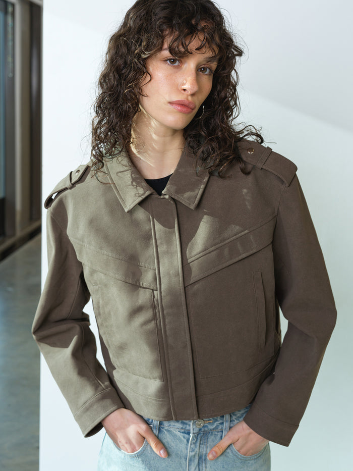 Larissa Faux Suede Khaki Green Bomber Jacket