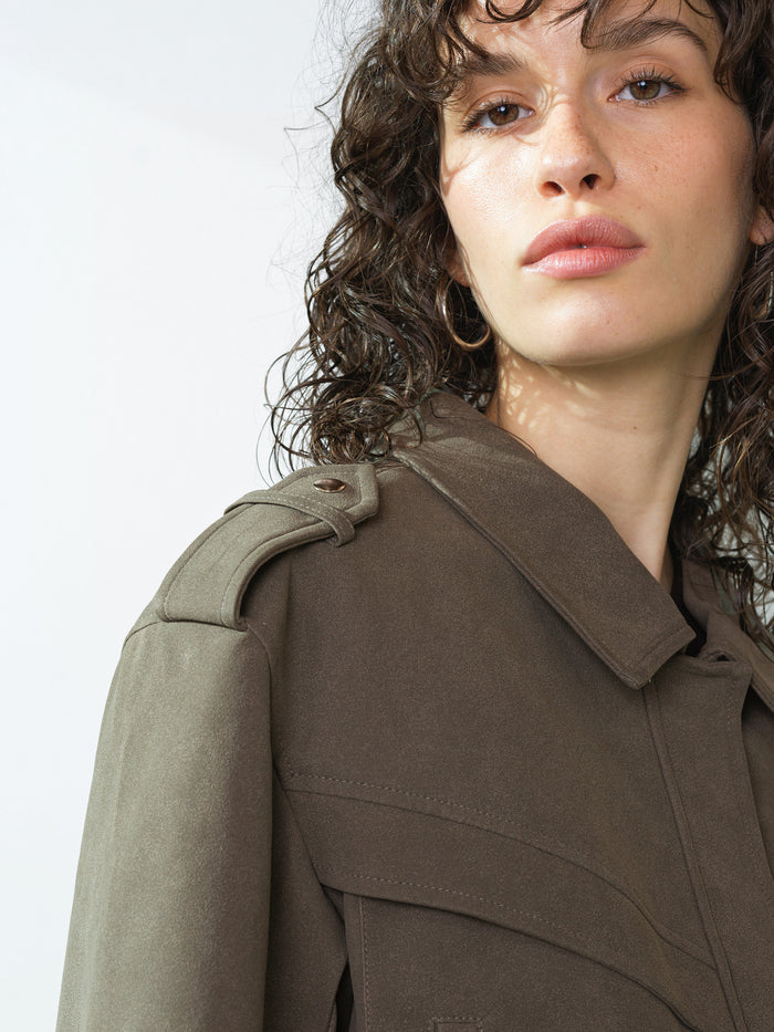 Larissa Faux Suede Khaki Green Bomber Jacket