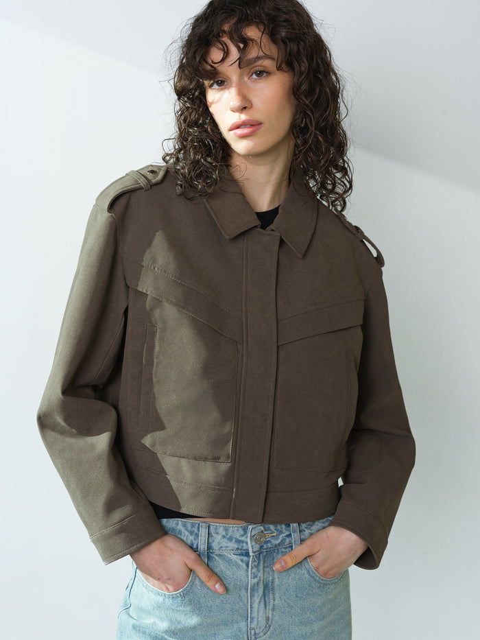 Larissa Faux Suede Khaki Green Bomber Jacket