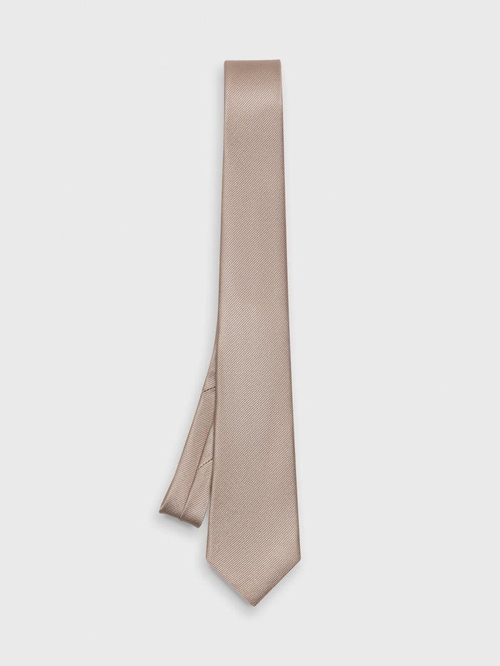 Latte silk necktie hanging straight, folded loop at top
