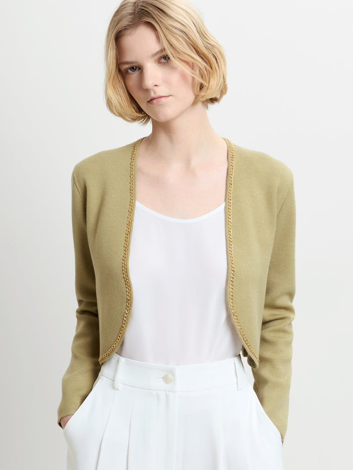 Laurie Knit Chain Trim Green Bolero Cardigan