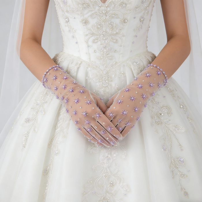 Lavender crystal bridal gloves with hand embroidered tulle and sparkling rhinestone details in a sheer design.