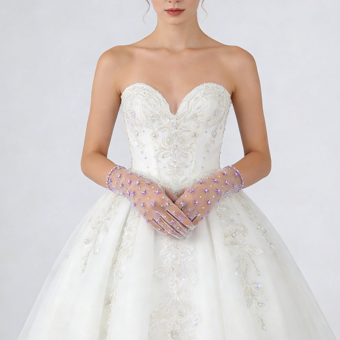Lavender crystal bridal gloves with hand embroidered tulle and sparkling rhinestone details in a sheer design.