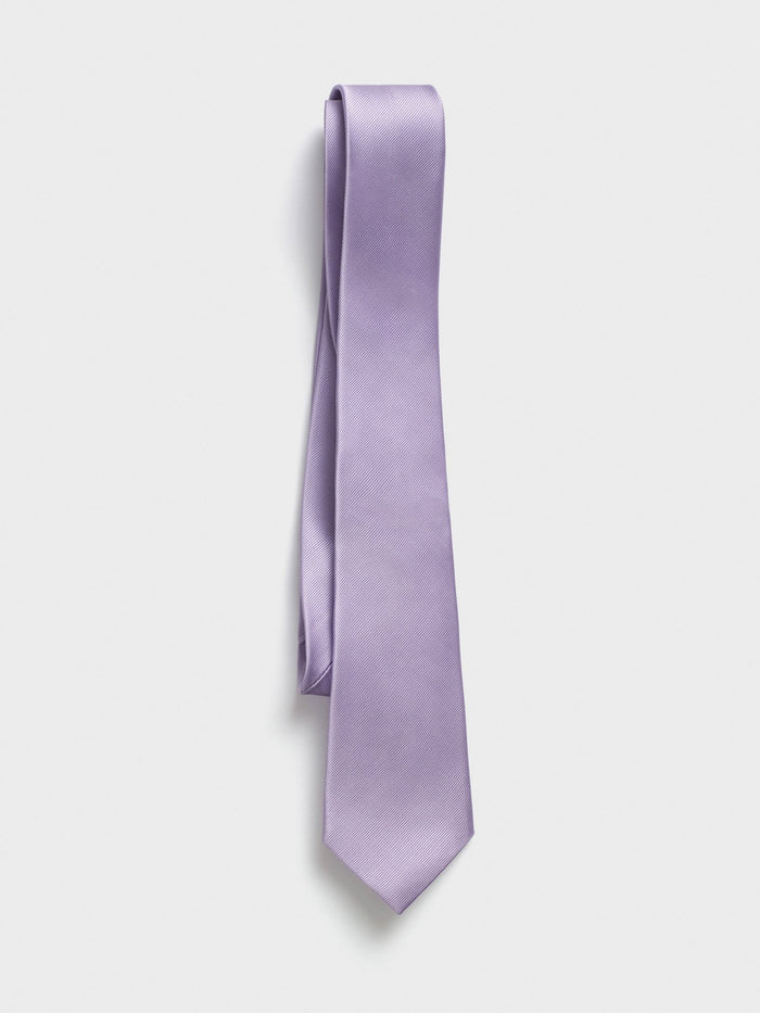 Lavender silk necktie hanging straight, folded loop at top