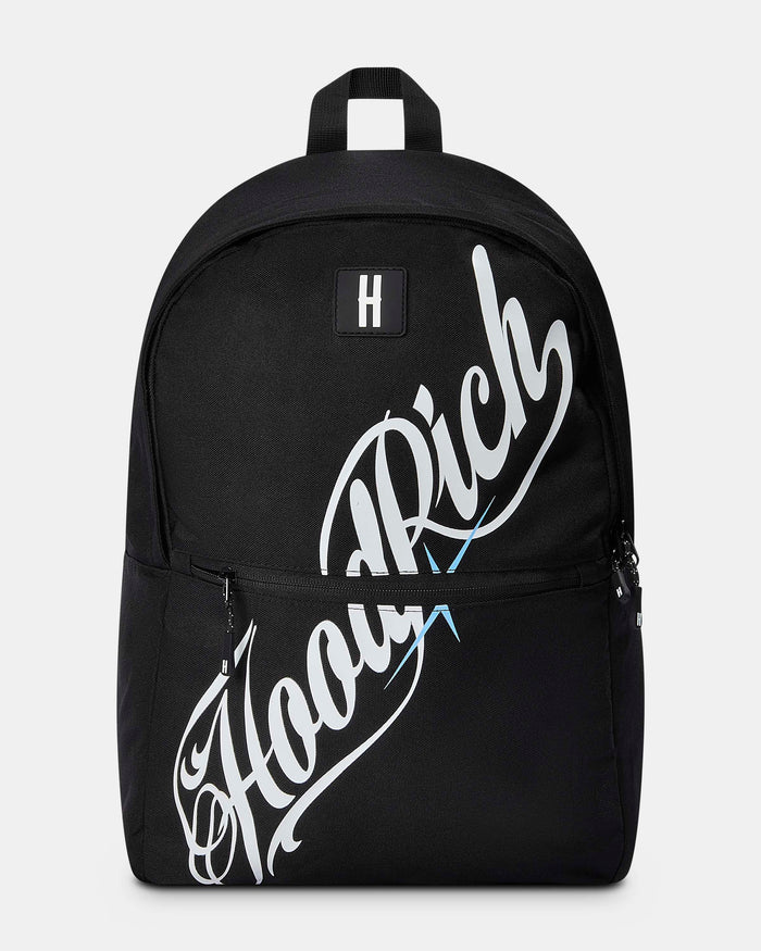 Black backpack with 'HoodRich' text on a light gray background
