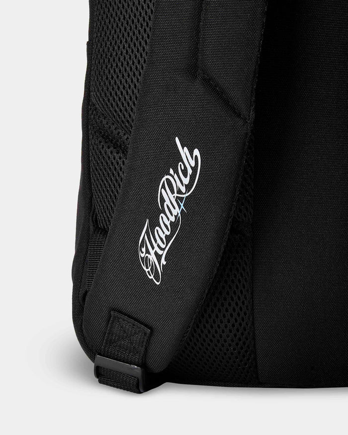 Black backpack with 'Hoodrich' logo on a light gray background