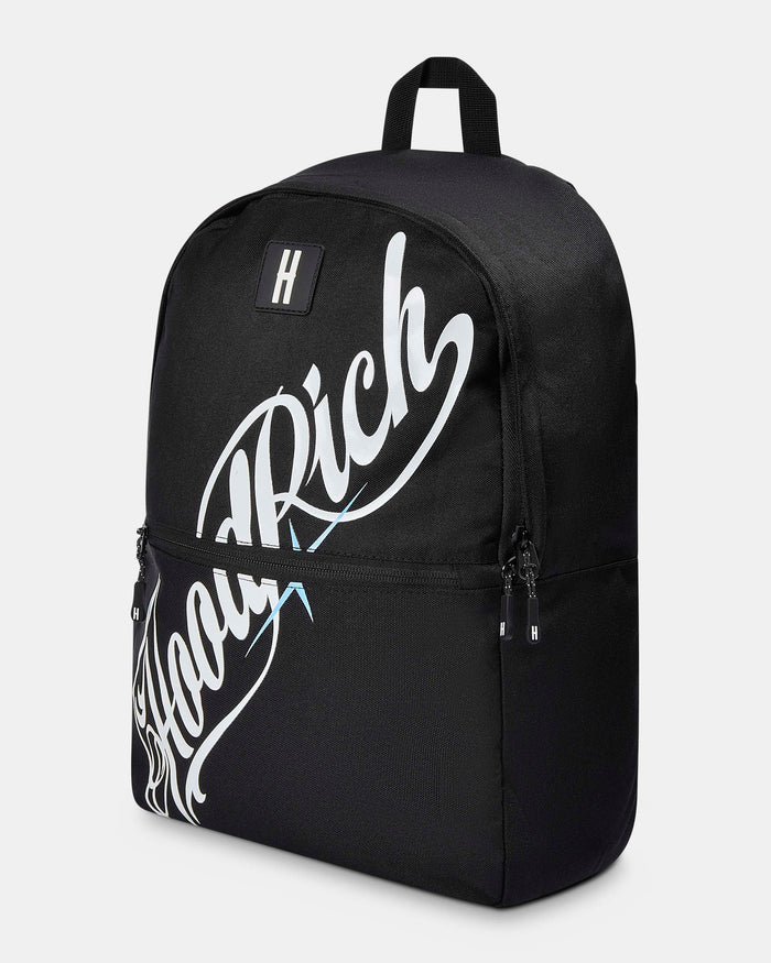 Black backpack with white text on a light gray background
