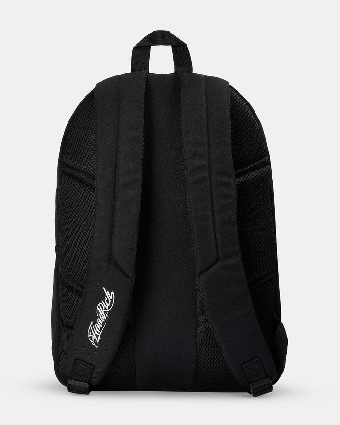 Black backpack with a brand logo on the back on a light gray background