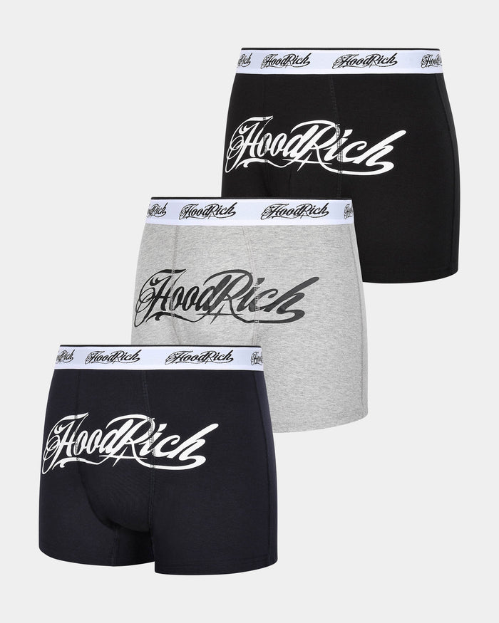 Three pairs of 'Hood Rich' branded boxer briefs in black, gray, and black on a white background.