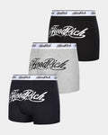 Three pairs of 'Hood Rich' branded boxer briefs in black, gray, and black on a white background.