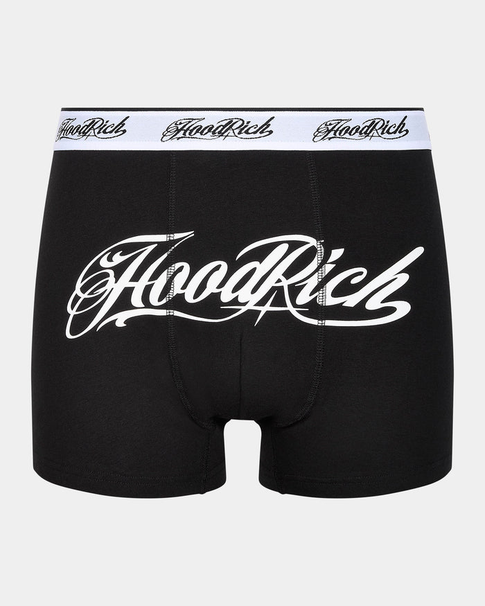 Black boxer briefs with 'Hood Rich' branding on a white background
