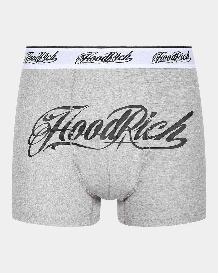 Gray boxer briefs with 'Hood Rich' branding on a white background