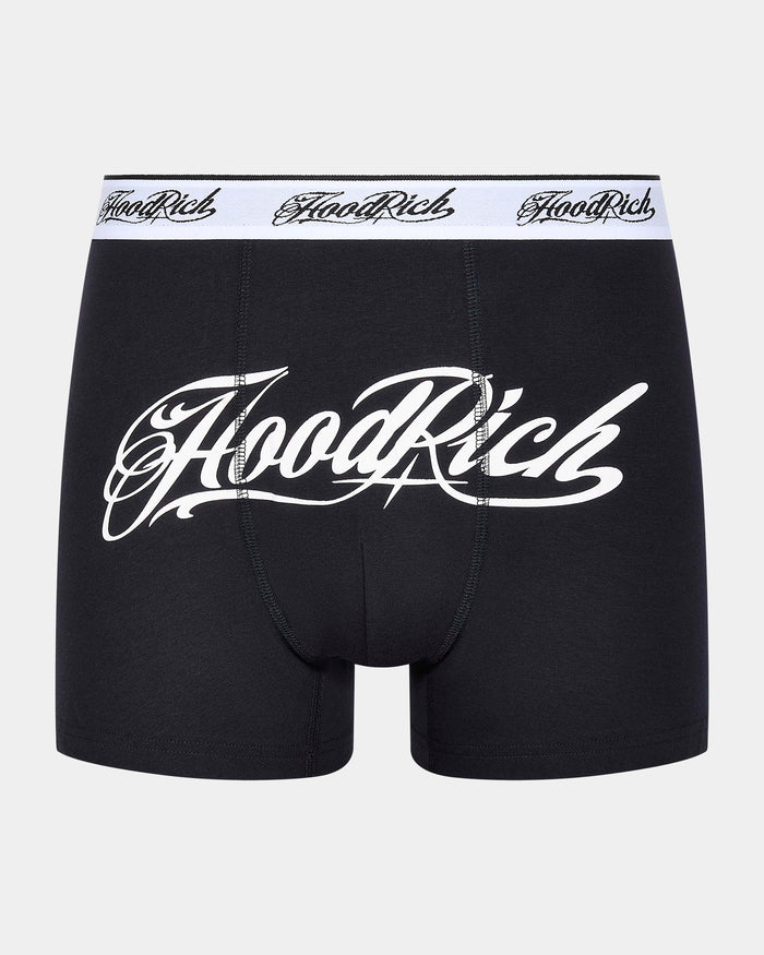Black boxer briefs with 'HoodRich' branding on a white background