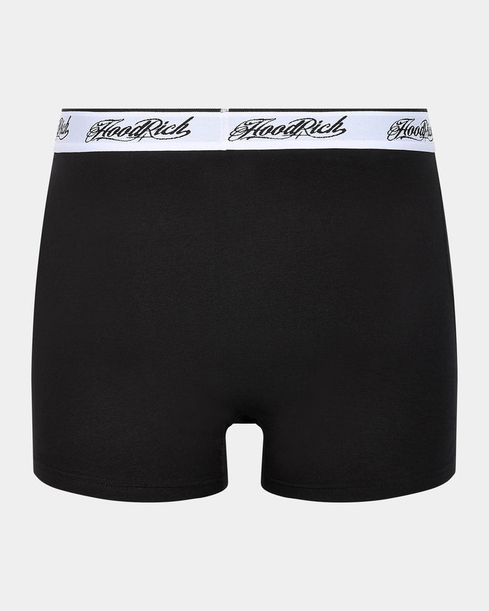 Black boxer briefs with a white band featuring 'Hoodrich' branding on a light gray background.
