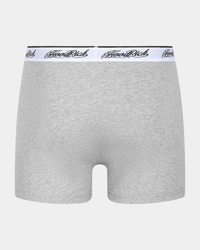 Gray boxer briefs with a white waistband featuring branding on a light gray background