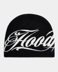 Black beanie with white and blue "Hoodrich" on a light gray background