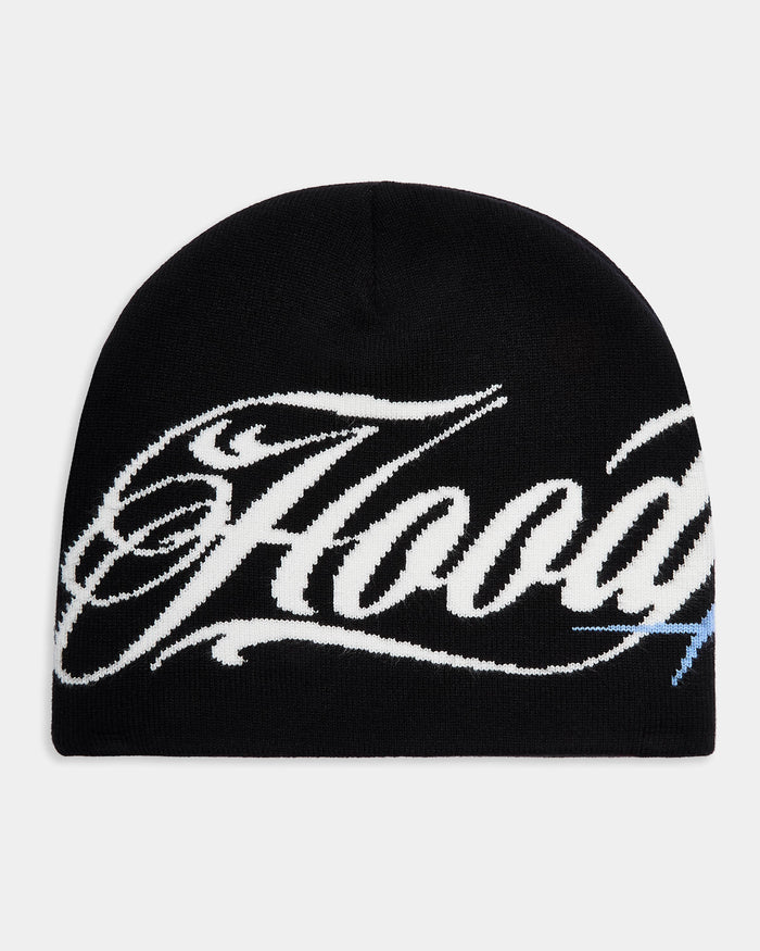 Black beanie with white and blue "Hoodrich" on a light gray background