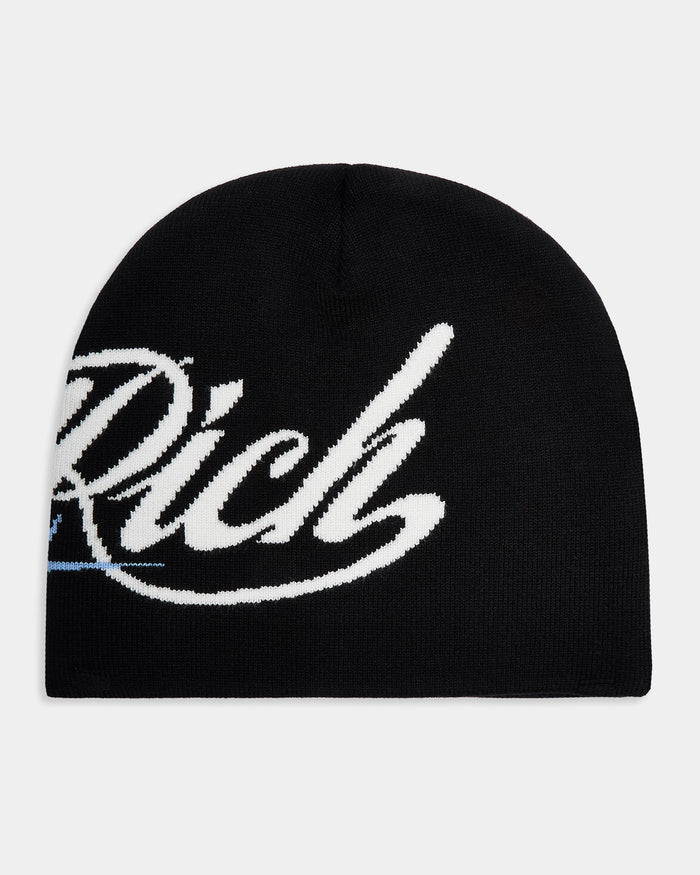 Black beanie with 'Rich' in white text on a light gray background