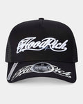 Black trucker cap with white "Hoodrich" embroidered on a light gray background