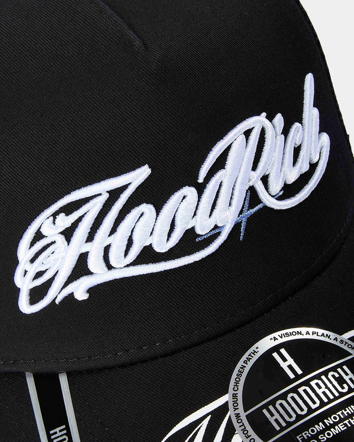 Black cap with 'Hoodrich' logo and branding on a white background