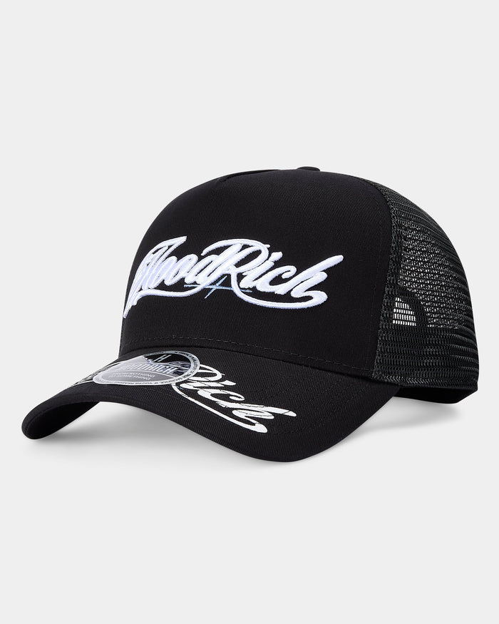 Black cap with white text on a white background